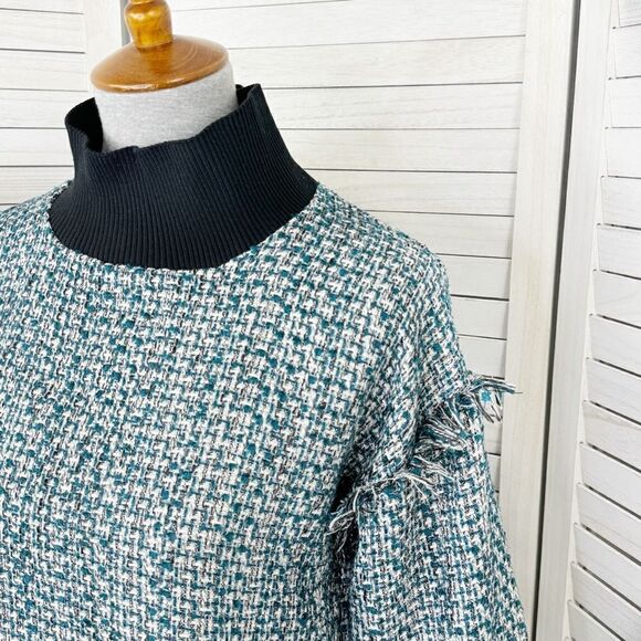 Zara Tweed Fringe Hem Mock Neck Shirt Teal White Large Crop - Picture 5 of 12